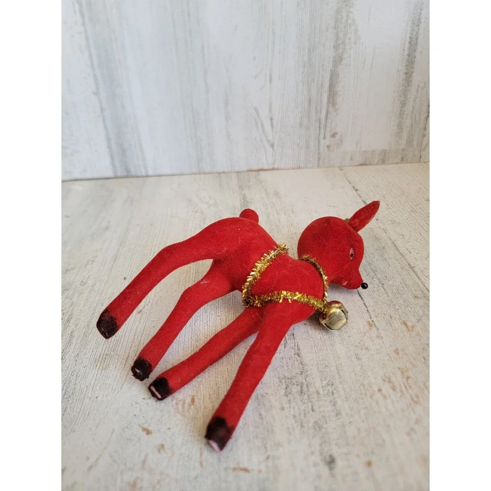 Vintage red velvet reindeer tinsel Bell Xmas deer Unique Home decor figure
